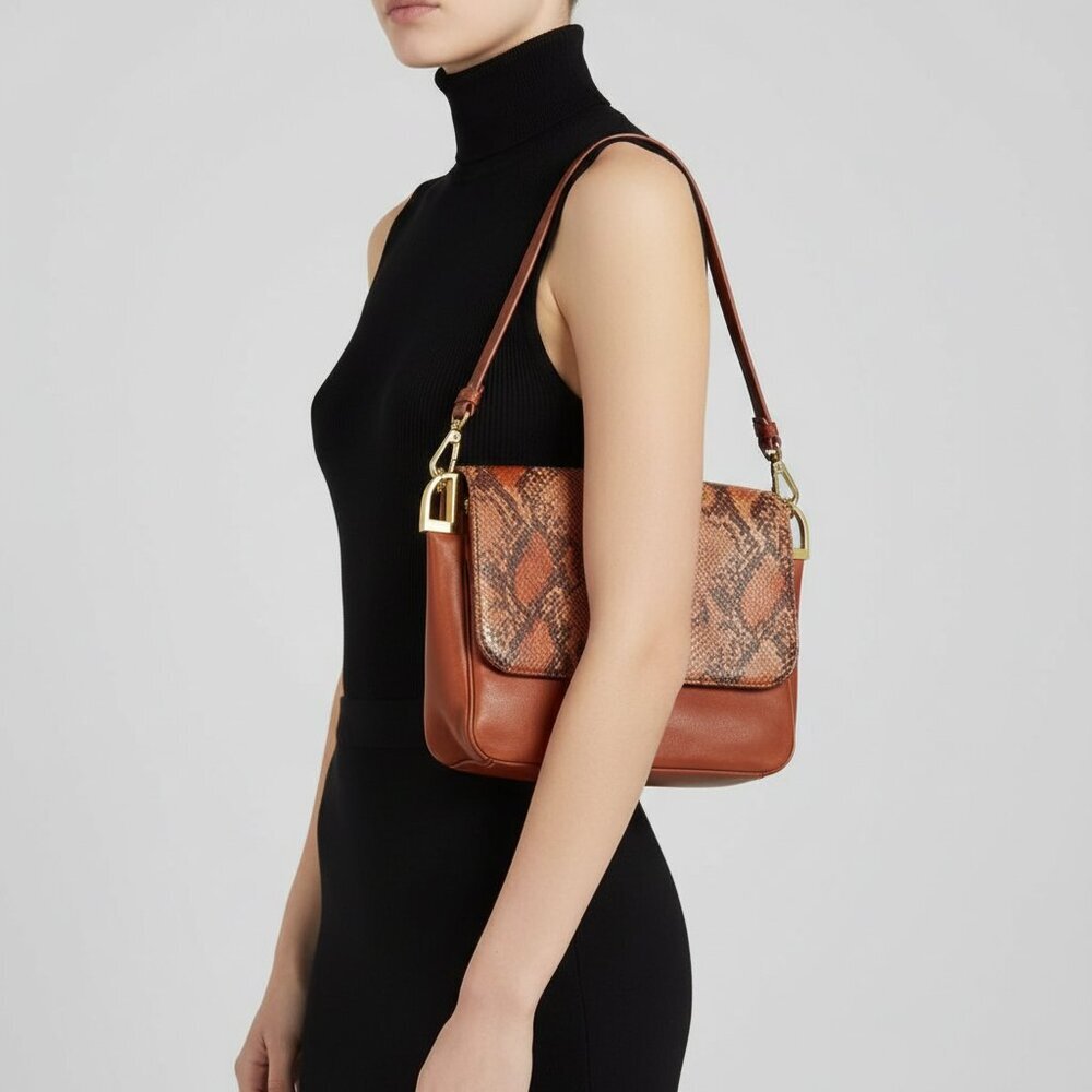 Badgley Mischka Cognac Snake-Flap Shoulder Bag